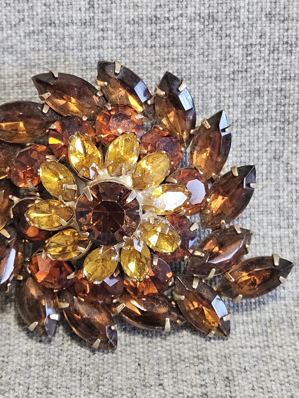 Vintage Amber and Citrine Rhinstone  Floral Brooch